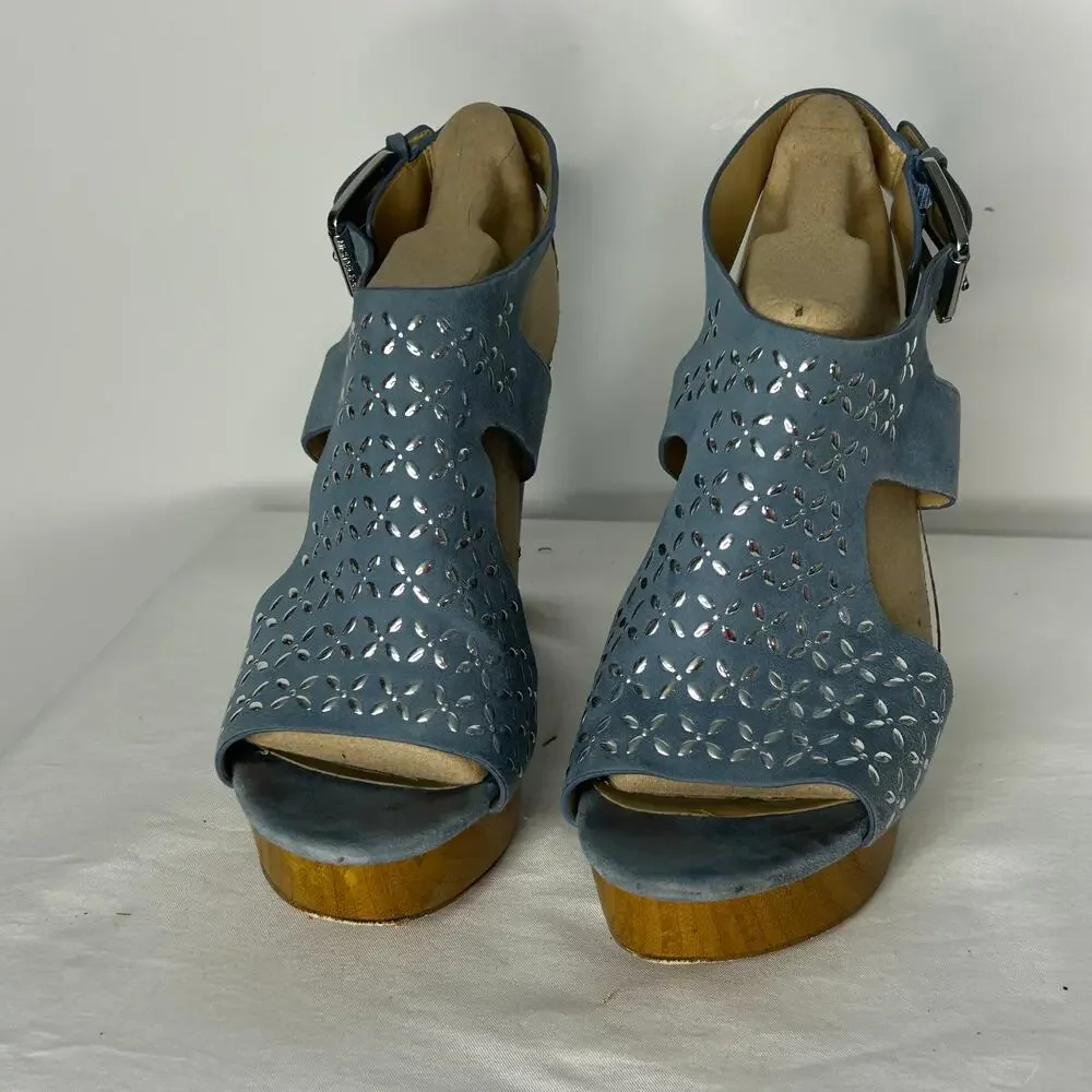 Michael Kors Blue Suede Laser Cut Wedge Sandals Peep Toe Women’s 8.5M